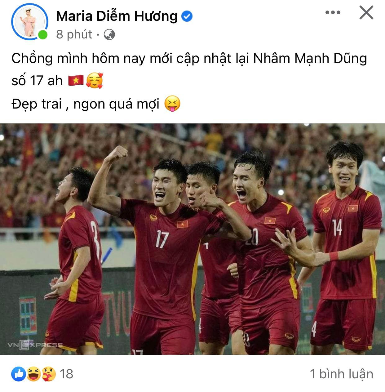 Hoa hậu Diễm Hương chia sẻ hài hước sau chiến thắng của U23 Việt Nam.