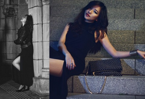 Đối với bạn trẻ này, đầm ôm và áo khoác da của Forever 21 kết hợp với chiếc clutch Zara nạm đinh đã tạo nên hình ảnh thực sự cuốn hút