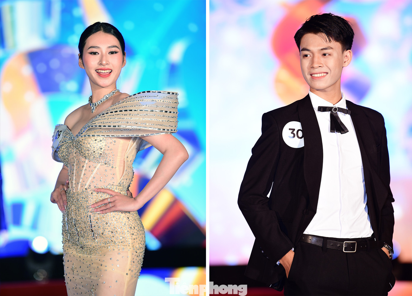 Thí sinh Ngô Thị Trâm Anh và Lâm Quốc Dũng trong phần thi trang phục dạ hội. Ảnh: Xuân Tùng Thí sinh Ngô Thị Trâm Anh và Lâm Quốc Dũng trong phần thi trang phục dạ hội. Ảnh: Xuân Tùng