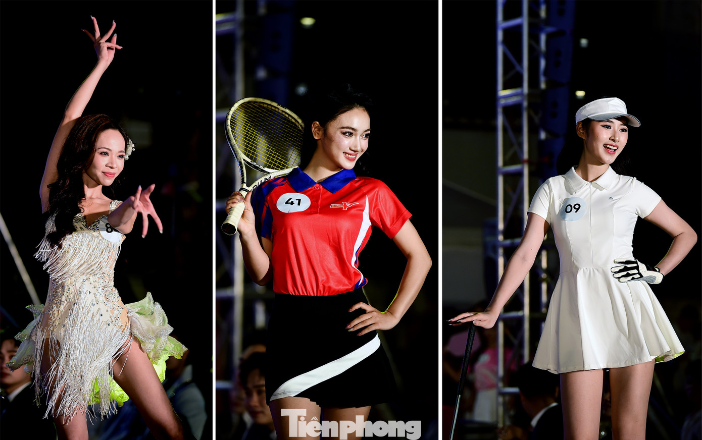 Các thí sinh trong phần trình diễn trang phục thể thao. Ảnh: Xuân Tùng Các thí sinh trong phần trình diễn trang phục thể thao. Ảnh: Xuân Tùng