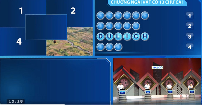 Từ ô hình ảnh gợi ý được lật mở và nội dung câu hỏi thứ hai, Gia Bảo đã nhanh chóng tìm ra ẩn số chướng ngại vật. Từ ô hình ảnh gợi ý được lật mở và nội dung câu hỏi thứ hai, Gia Bảo đã nhanh chóng tìm ra ẩn số chướng ngại vật.