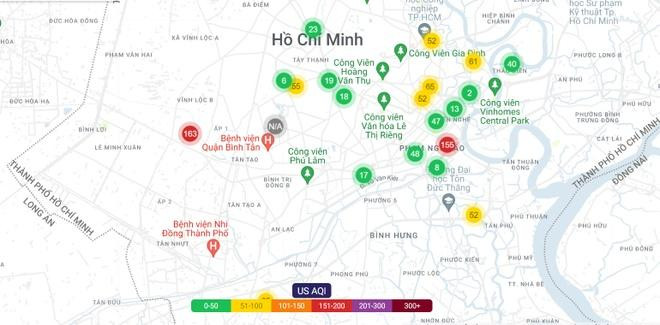 Chất lượng không khí nhiều điểm tại TP.HCM ở ngưỡng trung bình vào lúc 7h. Ảnh: PamAir.