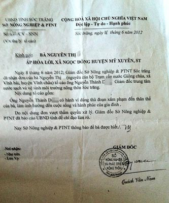 Văn bản trả lời đơn của Giám đốc Sở NN&PTNT tỉnh Sóc Trăng. Văn bản trả lời đơn của Giám đốc Sở NN&PTNT tỉnh Sóc Trăng