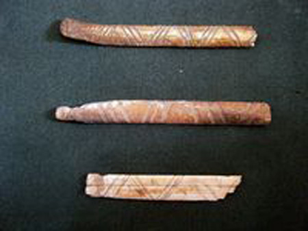 Những chiếc xương với đường nét chạm khắc được tìm thấy ở Cueva del Maguey. (Ảnh: INAH). Những chiếc xương với đường nét chạm khắc được tìm thấy ở Cueva del Maguey. (Ảnh: INAH)