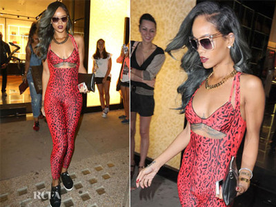 Rihanna diện bộ đồ da báo tới một sự kiện khai trương cửa hàng thời trang