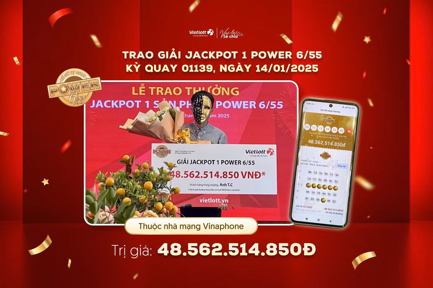 T.C sinh sống tại TP HCM trúng giải hơn 48 tỷ đồng (ảnh: Vietlott).
