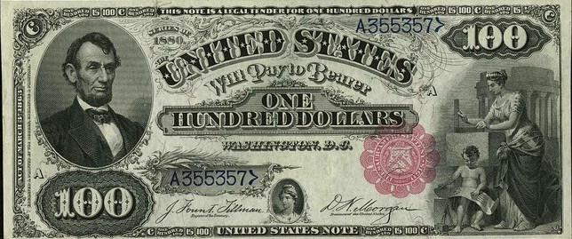 Sau cuộc nội chiến, các đảng phái chính trị khác nhau lại trở nên ưa chuộng vàng, một vài người khác ủng hộ bạc. Tờ tiền 100 USD này là một chứng chỉ đảm bảo bạc từ những năm 1880