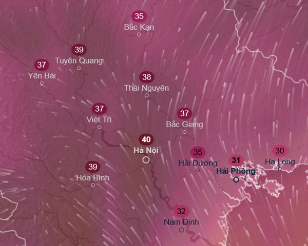 Dự báo nhiệt độ cảm nhận cao nhất ở một số tỉnh thành miền Bắc vào khoảng 20 - 21/4, theo mô hình GFS. Ảnh: Ventusky, GFS. Dự báo nhiệt độ cảm nhận cao nhất ở một số tỉnh thành miền Bắc vào khoảng 20 - 21/4, theo mô hình GFS. Ảnh: Ventusky, GFS.