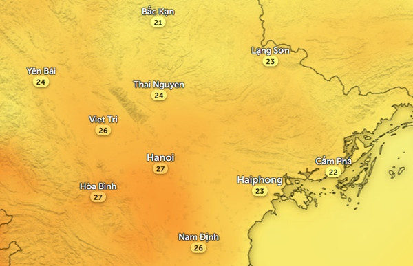 Nhiệt độ cảm nhận vào buổi chiều 1 - 2/2 ở một số tỉnh thành miền Bắc. Ảnh: Zoom Earth, OpenStreetMap, ICON.