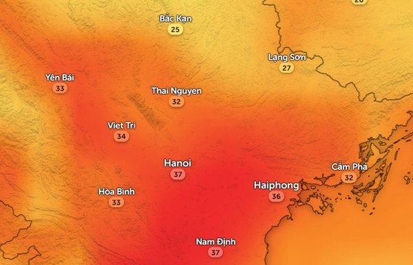 Dự báo nhiệt độ cảm nhận ở một số tỉnh thành miền Bắc chiều thứ Ba, 3/6. Ảnh: Zoom Earth, OpenStreetMap, GFS.