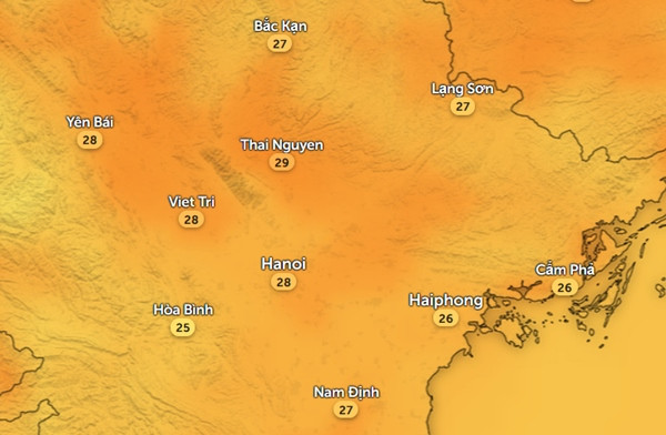 Nhiệt độ cảm nhận ở một số tỉnh thành miền Bắc chiều nay, 25/4. Ảnh: Zoom Earth, OpenStreetMap, GFS.