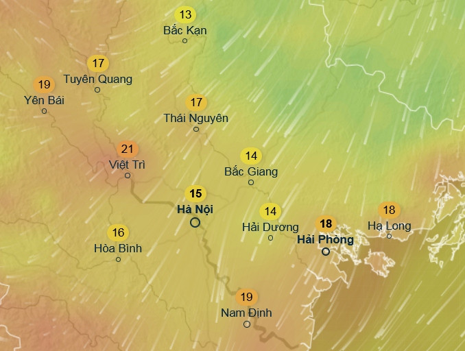 Nhiệt độ cảm nhận ở một số tỉnh thành miền Bắc lúc rạng sáng 29/3: Trời chuyển từ nắng nóng sang rét. Ảnh: Ventusky, ICON.