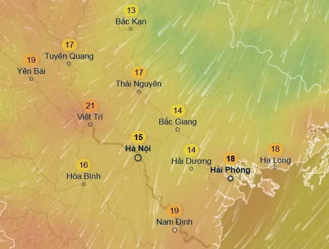 Nhiệt độ cảm nhận ở một số tỉnh thành miền Bắc lúc rạng sáng 29/3: Trời chuyển từ nắng nóng sang rét. Ảnh: Ventusky, ICON.