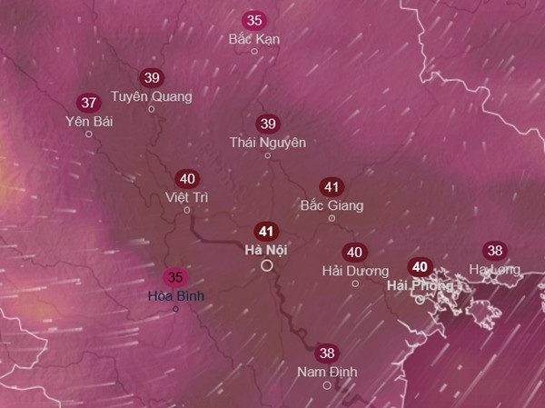 Dự báo nhiều tỉnh thành ở miền Bắc có nắng nóng vào ngày 8/7, trong hình là dự báo nhiệt độ cảm nhận vào buổi trưa hôm đó. Ảnh: Ventusky, ICON.