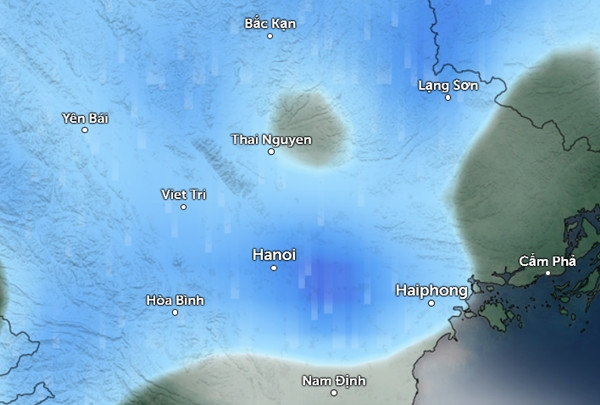 Dự báo mưa ở nhiều tỉnh thành miền Bắc tối và đêm nay (những vùng màu xanh). Ảnh: Zoom Earth, OpenStreetMap, GFS.