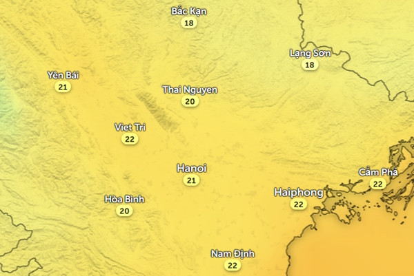Dự báo nhiệt độ ở một số tỉnh thành miền Bắc vào sáng thứ Hai, 26/5. Ảnh: Zoom Earth, OpenStreetMap, GFS. Dự báo nhiệt độ ở một số tỉnh thành miền Bắc vào sáng thứ Hai, 26/5. Ảnh: Zoom Earth, OpenStreetMap, GFS.
