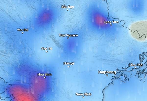 Dự báo mưa ở một số tỉnh thành miền Bắc vào chiều mai, 28/6 (màu xanh da trời là mưa nhỏ đến vừa, màu đỏ là mưa vừa đến mưa to). Ảnh: Zoom Earth, OpenStreetMap, ICON.