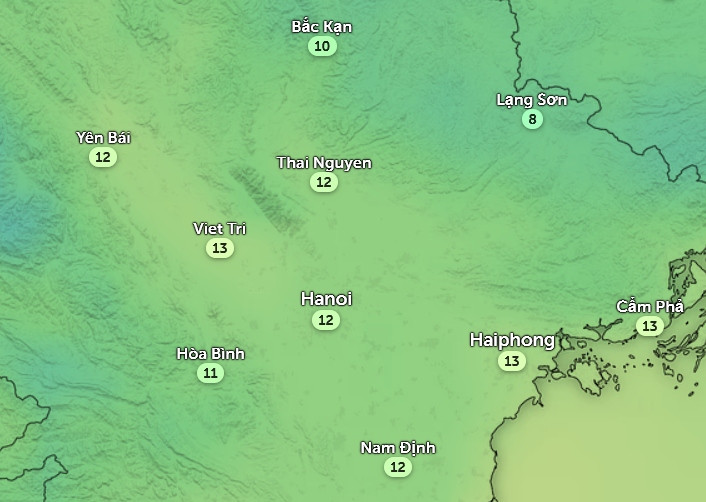 Nhiệt độ cảm nhận ở một số tỉnh thành miền Bắc váo sáng sớm mai, 8/2. Ảnh: Zoom Earth, OpenStreetMap, ICON.