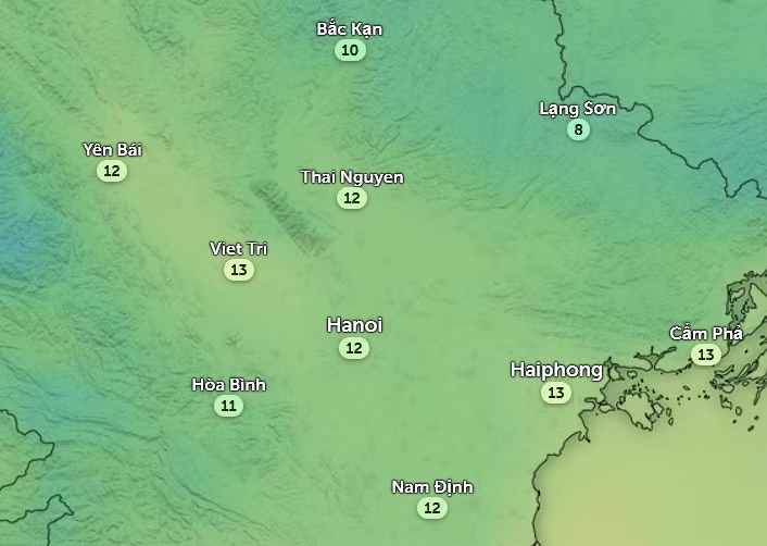 Nhiệt độ cảm nhận ở một số tỉnh thành miền Bắc váo sáng sớm mai, 8/2. Ảnh: Zoom Earth, OpenStreetMap, ICON.