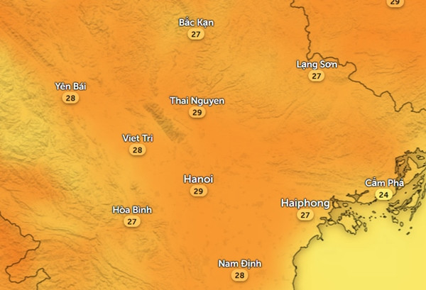 Nhiệt độ cảm nhận ở một số tỉnh thành miền Bắc chiều nay, 23/3. Ảnh: Zoom Earth, OpenStreetMap, ICON. Nhiệt độ cảm nhận ở một số tỉnh thành miền Bắc chiều nay, 23/3. Ảnh: Zoom Earth, OpenStreetMap, ICON.