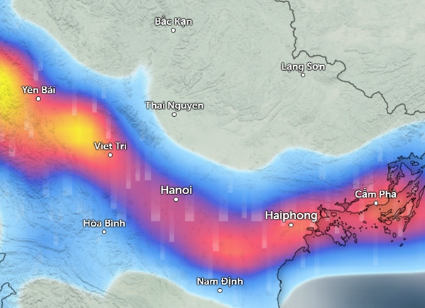 Dự báo mưa ở một số tỉnh thành miền Bắc vào trưa đến chiều mai, 12/4 (Những vùng màu xanh da trời là mưa nhỏ đến vừa, màu đỏ là mưa vừa đến mưa to, màu vàng là mưa to đến rất to). Ảnh: Zoom Earth, OpenStreetMap, ICON. Dự báo mưa ở một số tỉnh thành miền Bắc vào trưa đến chiều mai, 12/4 (Những vùng màu xanh da trời là mưa nhỏ đến vừa, màu đỏ là mưa vừa đến mưa to, màu vàng là mưa to đến rất to). Ảnh: Zoom Earth, OpenStreetMap, ICON.