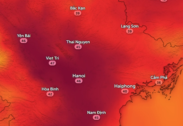 Dự báo nhiệt độ cảm nhận ở một số tỉnh thành miền Bắc vào trưa và chiều thứ Năm, 8/5, theo mô hình ICON. Ảnh: Zoom Earth, OpenStreetMap, ICON.