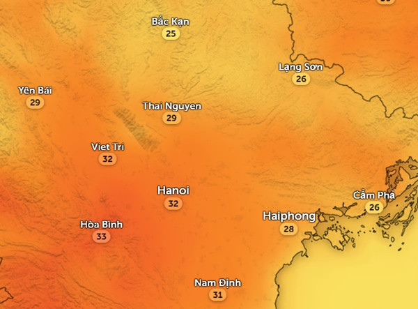 Nhiệt độ cảm nhận ở một số tỉnh thành miền Bắc vào chiều 9/4. Ảnh: Zoom Earth, OpenStreetMap, ICON.