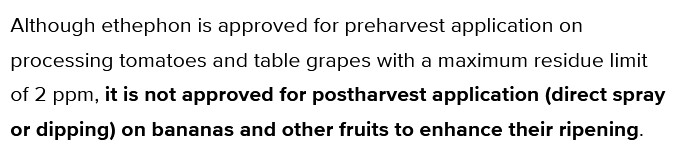 Ở Mỹ, việc dùng ethephon cho trái cây sau thu hoạch nhìn chung là không được phép. (Ảnh chụp màn hình trang Postharvest Research and Extension Center). Ở Mỹ, việc dùng ethephon cho trái cây sau thu hoạch nhìn chung là không được phép. (Ảnh chụp màn hình trang Postharvest Research and Extension Center).