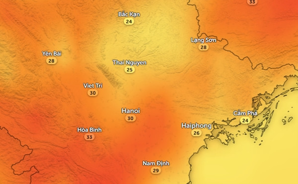 Nhiệt độ cảm nhận ở một số tỉnh thành miền Bắc vào chiều nay, 3/3. Ảnh: Zoom Earth, OpenStreetMap, GFS.
