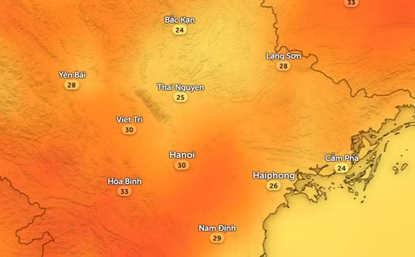 Nhiệt độ cảm nhận ở một số tỉnh thành miền Bắc vào chiều nay, 3/3. Ảnh: Zoom Earth, OpenStreetMap, GFS. Nhiệt độ cảm nhận ở một số tỉnh thành miền Bắc vào chiều nay, 3/3. Ảnh: Zoom Earth, OpenStreetMap, GFS.