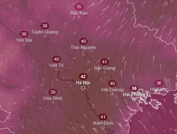 Dự báo nhiệt độ cảm nhận cao nhất ở một số tỉnh thành miền Bắc vào thứ Bảy, Chủ Nhật tuần này (7 - 8/6). Ảnh: Ventusky, ICON. Dự báo nhiệt độ cảm nhận cao nhất ở một số tỉnh thành miền Bắc vào thứ Bảy, Chủ Nhật tuần này (7 - 8/6). Ảnh: Ventusky, ICON.