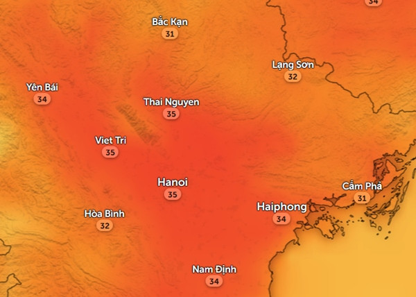 Nhiệt độ cảm nhận ở một số tỉnh thành miền Bắc chiều 2/5. Ảnh: Zoom Earth, OpenStreetMap, ICON.