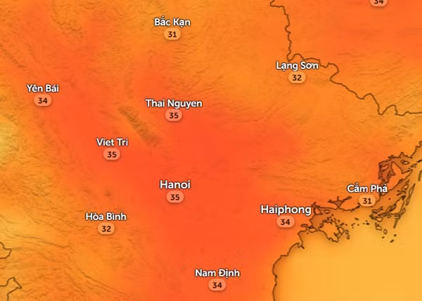 Nhiệt độ cảm nhận ở một số tỉnh thành miền Bắc chiều 2/5. Ảnh: Zoom Earth, OpenStreetMap, ICON.