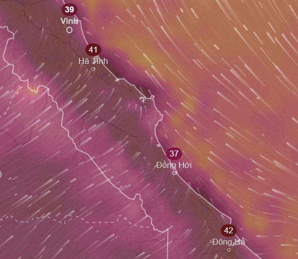 Dự báo nhiệt độ cảm nhận ở một số địa điểm tại miền Trung sẽ vượt 40oC vào chiều 27/3. Ảnh: Ventusky, ICON. Dự báo nhiệt độ cảm nhận ở một số địa điểm tại miền Trung sẽ vượt 40oC vào chiều 27/3. Ảnh: Ventusky, ICON.