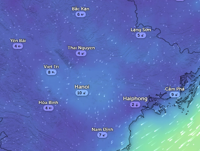 Nhiều tỉnh thành miền Bắc đã có gió mùa Đông Bắc từ sáng nay, 9/1. (Những con số trong hình là tốc độ gió). Ảnh: Zoom Earth, OpenStreetMap, ICON. Nhiều tỉnh thành miền Bắc đã có gió mùa Đông Bắc từ sáng nay, 9/1. (Những con số trong hình là tốc độ gió). Ảnh: Zoom Earth, OpenStreetMap, ICON.