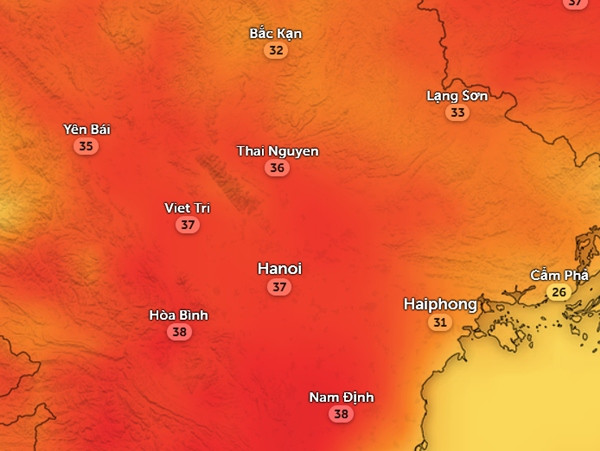 Nhiệt độ cảm nhận ở một số tỉnh thành miền Bắc vào chiều nay, 11/4. Ảnh: Zoom Earth, OpenStreetMap, ICON. Nhiệt độ cảm nhận ở một số tỉnh thành miền Bắc vào chiều nay, 11/4. Ảnh: Zoom Earth, OpenStreetMap, ICON.