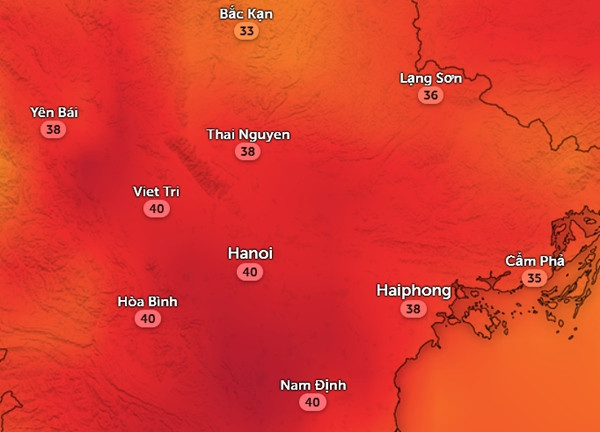Dự báo nhiệt độ cảm nhận ở một số tỉnh thành miền Bắc chiều thứ Năm, 22/5. Ảnh: Zoom Earth, OpenStreetMap, GFS. Dự báo nhiệt độ cảm nhận ở một số tỉnh thành miền Bắc chiều thứ Năm, 22/5. Ảnh: Zoom Earth, OpenStreetMap, GFS.
