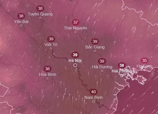 Dự báo nhiệt độ cảm nhận cao nhất ở một số tỉnh thành miền Bắc vào ngày 7/7, khi nhiều nơi có thể có nắng nóng. Ảnh: Ventusky, ICON.