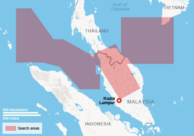 Một phần trong số những vùng đã được tìm kiếm nhưng không thấy dấu vết gì của MH370 (những vùng màu hồng). Ảnh: CNN. Một phần trong số những vùng đã được tìm kiếm nhưng không thấy dấu vết gì của MH370 (những vùng màu hồng). Ảnh: CNN.