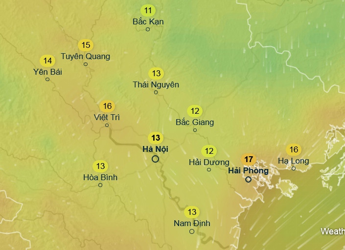 Dự báo nhiệt độ ở một số tỉnh thành miền Bắc vào khoảng ngày 23 - 24/2, khi có ảnh hưởng của đợt không khí lạnh mới. Ảnh: Ventusky, ICON.