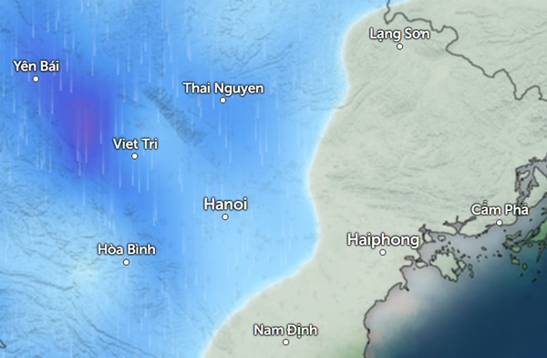 Dự báo mưa (những vùng màu xanh da trời) ở một số tỉnh thành miền Bắc vào chiều thứ Hai, 23/6. Ảnh: Zoom Earth, OpenStreetMap, ICON.