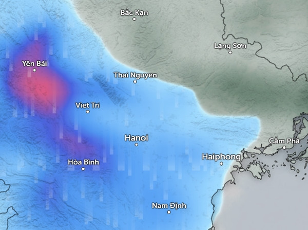 Dự báo mưa ở nhiều tỉnh thành miền Bắc vào đêm 3/6 sang rạng sáng 4/6 (những vùng màu xanh là mưa nhỏ đến vừa, màu đỏ là mưa vừa đến mưa to). Ảnh: Zoom Earth, OpenStreetMap, ICON. Dự báo mưa ở nhiều tỉnh thành miền Bắc vào đêm 3/6 sang rạng sáng 4/6 (những vùng màu xanh là mưa nhỏ đến vừa, màu đỏ là mưa vừa đến mưa to). Ảnh: Zoom Earth, OpenStreetMap, ICON.