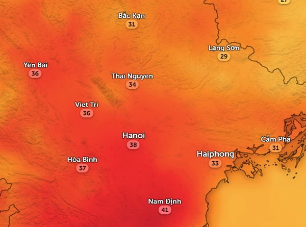 Nhiệt độ cảm nhận ở một số tỉnh thành miền Bắc chiều nay, 24/4. Ảnh: Zoom Earth, OpenStreetMap, GFS.