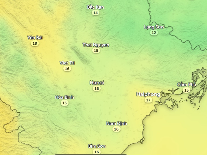Nhiệt độ cảm nhận ở một số tỉnh thành miền Bắc vào chiều nay, 31/3. Ảnh: Zoom Earth, OpenStreetMap, ICON.