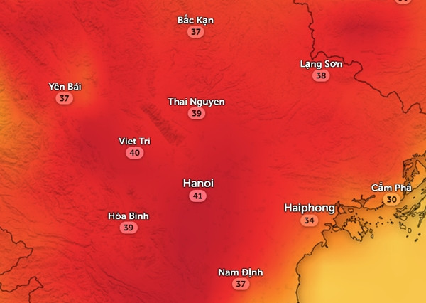 Nhiệt độ cảm nhận ở một số tỉnh thành miền Bắc chiều nay, 23/4. Ảnh: Zoom Earth, OpenStreetMap, GFS.