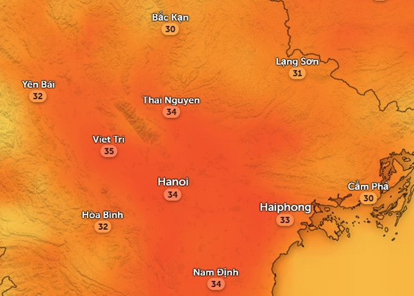 Nhiệt độ cảm nhận ở một số tỉnh thành miền Bắc chiều nay, 29/4: Trời ấm và ẩm. Ảnh: Zoom Earth, OpenStreetMap, GFS.