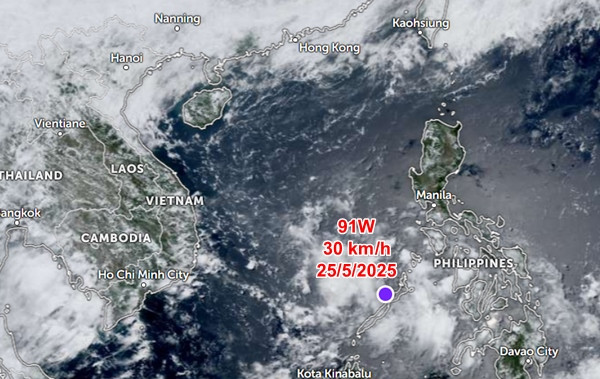Vị trí của áp thấp 91W vào trưa ngày 25/5. Ảnh: Zoom Earth, JMA/ NOAA/ CIRA.