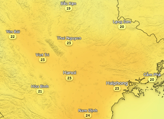 Nhiệt độ cảm nhận ở một số tỉnh thành miền Bắc vào chiều nay, 13/2. Ảnh: Zoom Earth, OpenStreetMap, ICON.
