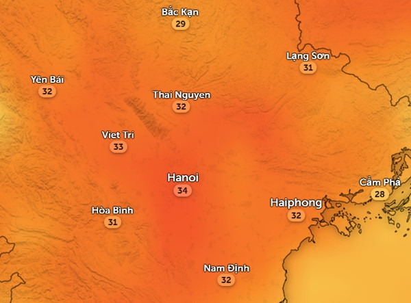 Nhiệt độ cảm nhận ở một số tỉnh thành miền Bắc chiều 13/5. Ảnh: Zoom Earth, OpenStreetMap, GFS.