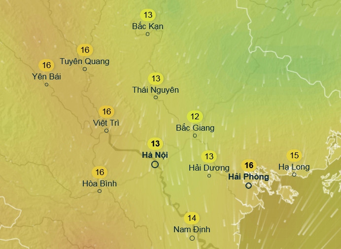 Dự báo nhiệt độ cảm nhận ở một số tỉnh thành miền Bắc sáng sớm 31/3, theo Hệ thống Dự báo Toàn cầu. Ảnh: Ventusky, GFS.